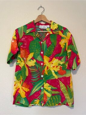 Karen Kane Bright Tropical Print Blouse - Pink, Yellow & Green